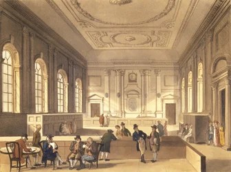 Dividend Hall South Sea Housessa, pubissa. kirjoittanut R. Ackermann, 1810 (akvatinta)