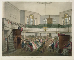 Magdalen Chapel, "Ackermannin mikrokosmosta Lontoossa", kaiverrus John Bluck (fl.1791-1831), 1809 (akvatinta)