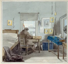 Töissä. Pavel Nashchokinin (1801-?) talossa (Moskova). (Töissä. Pavel Nashchokinin talossa). Pjotr ​​(Piotr) Fjodorovitš Sokolov (Pierre Sokolov) (1791-1848) työ, akvarelli paperille