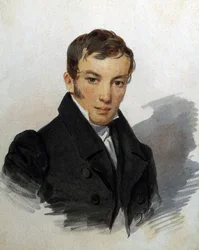 Venäläisen runoilijan Vasili Joukovskin (1783-1852) muotokuva (runoilija Vasili Žukovskin muotokuva). Piotr (Pjotr) Fiodorovitch Sokolov (Peter Sokolov) (1791-1848) teos, noin 1820. Akvarelli paperille. Pietari, museo A. Pushkinin muistomuseo