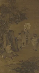 Pääministeri Yang Su ja ahkera nuoriso, 1600-1700 (mustetta ja väriä silkkipaneelissa)