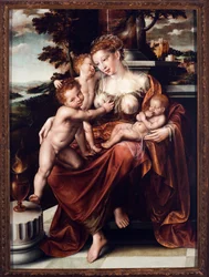 Hyväntekeväisyysallegorioita. Jan Massysin maalaus (Matsys tai Metsys tai Matsijs) (1509-1575) 1549-1550 Mitat 126x93 cm Genes, Musei di Strada Nuova (ex Palazzo Bianco)
