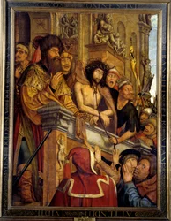Ecce Homo Pontius Pilatus (Pontius Pilatus) esittelee Kristuksen juutalaisille. Quentin Matsysin (1466-1530) maalaus (ec.flam.) 1500-luvun Sun. 1,6x1,2 m Madrid, Musee du Prado
