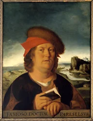 Oletettu lääkärin Paracelsuksen (1493-1541), eli Paracelsuksen tai Theophrastus Bombastus von Hohenheimin, muotokuva. Maalaus. Jäljennös Quentin Metsysin (1465/1466-1530) kadonneesta alkuperäisteoksesta. Mitat: 0,72 x 0,54 cm. Musée du Louvre.
