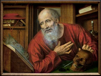 Pyhä Jerome sellissään. Quentin Metsysin (Quinten Massys) maalaus (1466-1530), 1500-luvun ensimmäinen puolisko, Flanderin primitiivistä taidetta. Kunsthistorisches Museum, Wien, Itävalta.