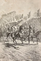 Esikuntapäälliköt saapuvat paraatikentälle, juhlitaan Saksan kruununprinssin (tuleva Frederick III) vierailua Roomaan, Italiaan, kaiverrus Quinto Cennin piirroksesta, L
