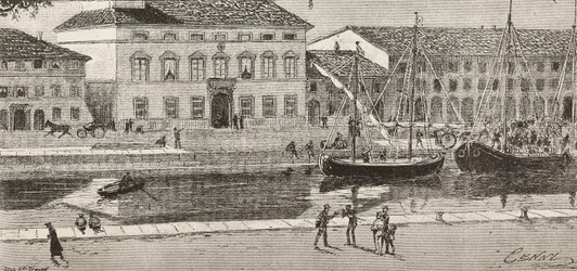 Kaupungintalo ja satamakanava, Cesenatico, Italia, kaiverrus Quinto Cennin piirroksesta ja Ulisse Topin luonnos, L
