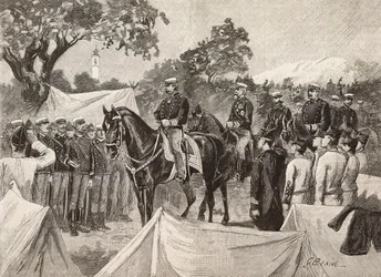 Umberto I (1844-1900), Italian kuningas, joidenkin upseerien kanssa, vierailemassa sotilasleireillä, 11. syyskuuta