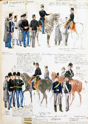 Toscanan suurherttuakunnan univormut vuonna 1851, Cenni-koodeksista otettu levy, Quinto Cennin (1845-1917) piirtämä sotilasluonnokset