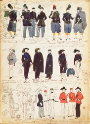 Erilaisia italialaisia univormuja yleisessä käytössä vuosina 1847-1870 Quinto Cenni, värikilpi