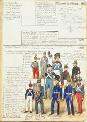 Erilaisia Parman herttuakunnan univormuja vuodelta 1845. Cenni Quinton värilevy