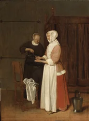 Une femme lave ses mains - Nainen pesemässä käsiään, kirjoittanut Brekelenkam, Quiringh van (n. 1622-n. 1669). Öljy puulle
