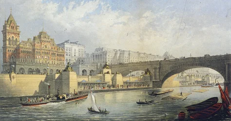 "Thames Embankment - Steam Boat Landing Pier at Waterloo", Lontoo, 1864