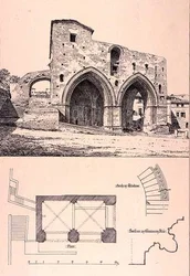 Fonte Branda, Siena, Italia, julkaisusta "Esimerkkejä Ranskan ja Italian kunnallisesta, kaupallisesta ja katuarkkitehtuurista 1100-1400-luvulla", publ. kirjoittanut W. Mackenzie