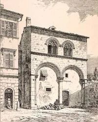 Talo Piazza del Duomolla, Viterbossa, Italiassa, julkaisusta "Esimerkkejä Ranskan ja Italian kunnallisesta, kaupallisesta ja katuarkkitehtuurista 1100-1400-luvulla", publ. kirjoittanut W. Mackenzie