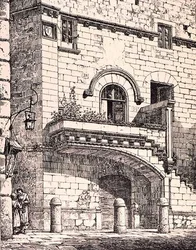 House of Santa Rosa, Viterbo, Italia, julkaisusta "Esimerkkejä Ranskan ja Italian kunnallisesta, kaupallisesta ja katuarkkitehtuurista 1100-1400-luvulla", publ. kirjoittanut W. Mackenzie