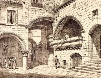 Osa Piazza San Pellegrinoa, Viterbo, Italia, julkaisusta "Esimerkkejä Ranskan ja Italian kunnallisesta, kaupallisesta ja katuarkkitehtuurista 1100-1400-luvulla, publ. kirjoittanut W. Mackenzie