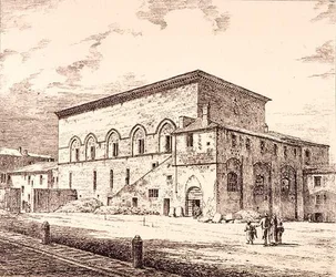 Paavien palatsin jäännökset, Orvieto, Italia, julkaisusta "Esimerkkejä Ranskan ja Italian kunnallisesta, kaupallisesta ja katuarkkitehtuurista 1100-1400-luvulla", publ. kirjoittanut W. Mackenzie