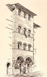 Näkymä tiilitalosta, Montepulciano, Italia, julkaisusta "Esimerkkejä Ranskan ja Italian kunnallisesta, kaupallisesta ja katuarkkitehtuurista 1100-1400-luvulla", publ. kirjoittanut W. Mackenzie