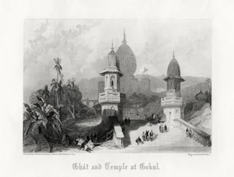 Ghat ja temppeli Gokulissa, Intiassa, vuonna 1838.
