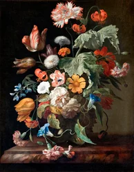 ""Nature morte aux fleurs"" (Asetelma kukilla) Peinture de Rachel Ruysch (1664-1750) - Öljy kankaalle - Koko 70,5x58,5 cm Hallwylska Museet, Tukholma