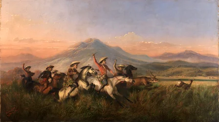 Kuusi ratsumiestä jahtaamassa peuroja, 1860.