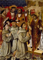 Ihmeiden kierto, yksityiskohta San Bernardinon alttaritaulusta, Joan Figuera ja Tomas Rafael (toimii 1500-luvun jälkipuoliskolla), tempera paneelissa, 399x253 cm. Yksityiskohta.