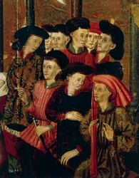 Saarnaa, yksityiskohta San Bernardinon alttaritaulusta, Joan Figuera ja Tomas Rafael (toimii 1500-luvun jälkipuoliskolla), tempera taulussa, 399x253 cm. Yksityiskohta.