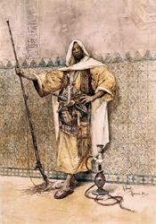 Orientalismi: "" Arabimiehen muotokuva, sotilasase, hänellä on veitsi vyössä "" Rafael Senet y Perezin (1856-1926) akvarelli 1881 Sevilla. Kuvataidemuseo.