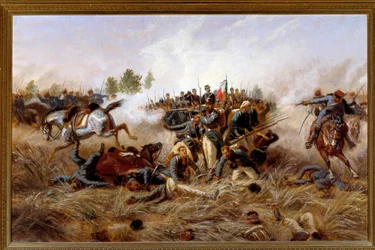 Risorgimento, Itävallan ja Preussin sota (kolmas Italian itsenäisyyssota): näkymä Custozan taistelusta (Custozza) 24.6.1866 - (Italian kolmas vapaussota, Custozan taistelu 24. kesäkuuta 1866) Raffaele Pontremolin maalaus (1832) -1905) 1897 Koko 136x8