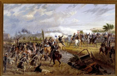 Risorgimento: "" San Martinon taistelu"" Solferinon taistelun jakso 24.6.1859 (Näkymä San Martinon taistelusta 24. kesäkuuta 1859) Raffaele Pontremolin (1832-1905) maalaus 1897 Dim 6 cm 1369 , Pinacoteca Civica