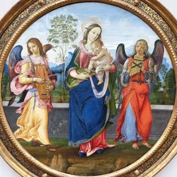 Saksa: Maria mit dem Kind und musizierenden Engeln Madonna ja lapsi sekä kaksi musisoivaa enkeliä.