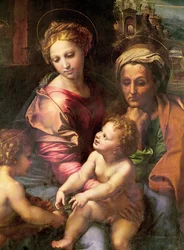 Pyhä perhe (tai Helmi), yksityiskohta: Neitsyt Maria, pyhä Elisabet ja lapsi, noin 1518