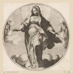 Mary pilvissä Sancta Maria Mater Dei (otsikko esineessä)