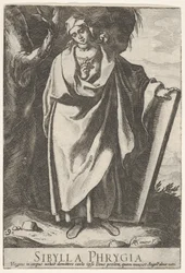 Levy 9: Fryygialainen Sibylla pitelee tabletin yläosaa vasemmalla kädellä ja osoittaa..., 1609.
