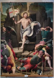 Kristuksen ylösnousemus, di Raffaellino del Colle (öljy paneelille)