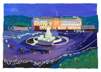 Buckinghamin palatsin väkijoukko, 2023 (akryyli ja kollaasi paperille)