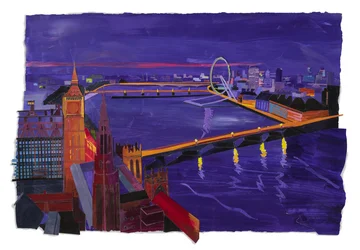 Westminster yöllä, 2022 (akryyli ja kollaasi paperille)