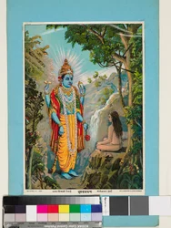 Muuttumaton Vishnu ilmestyy rishille eli viisaalle miehelle.