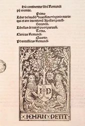 Sivu Ramon Llullin (1235-1315) koodeksista "De Laudibus Beatissimae Virginis Mariae", joka kuvaa kahta leijonaa pitelemässä kirjapaino Jehan Petitin vaakunaa.