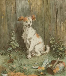 Oliver Goldsmithin Elegia hullun koiran kuolemasta. Kulkukoira ystävystyi hyvän Islingtonin miehen kanssa. Kuvitus Randolph Caldecott