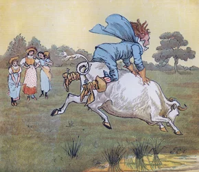Kukaan ei kysynyt sinulta, herra, hän sanoi. Randolph Caldecottin kuvitus Nursery Rhymelle "The Milkmaid".
