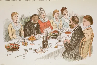 Ihmisiä istumassa ruokapöydän ääressä.