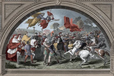 Paavi Leo I:n, lisänimeltään Suuren (390-461), kuvaus hunnien johtajan Attilan (ca. 395-453) edessä vuonna 452 Mantovassa - Barbaarien hyökkäykset - Paavi Leo I Suuri tapaa hunnikuninkaan Attilan vuonna 452 (Rafaelin mukaan)