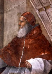 Yksityiskohta Heliodoruksen huoneesta Vatikaanissa, joka kuvaa paavi Julius II:ta