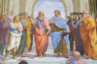 Aristoteles ja Platon: yksityiskohta Ateenan koulusta Stanza della Segnaturassa