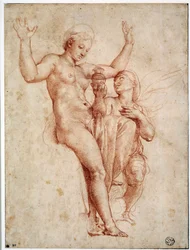 Psyche esittelee Venukselle Styxin vettä. Raffaello Sanzio dit Raphael (1483-1520) piirustus a la sanguine
