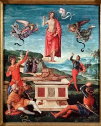 Ylösnousemus (Kristuksen ylösnousemus). Jeesus Kristus pitelee ristipäistä sauvaa, jonka päässä liehuu valkoinen lippu (standaari), jossa on punainen risti. Raffaello Sanzion, lisänimeltään Rafael (1483-1520), maalaus, 1501-1502. Mitat: 52 x 44 cm. São