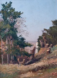 Kaadettuja puita, taustalla estauire de la Gironde (öljy puulle)