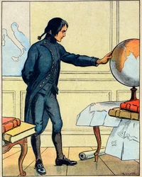 Napoleon Bonaparte (1769-1821) katselee maapalloa Briennen koulussa 19-vuotiaana, otos teoksesta "Nos-Gloires Nationales", 1920 (kaiverrus).